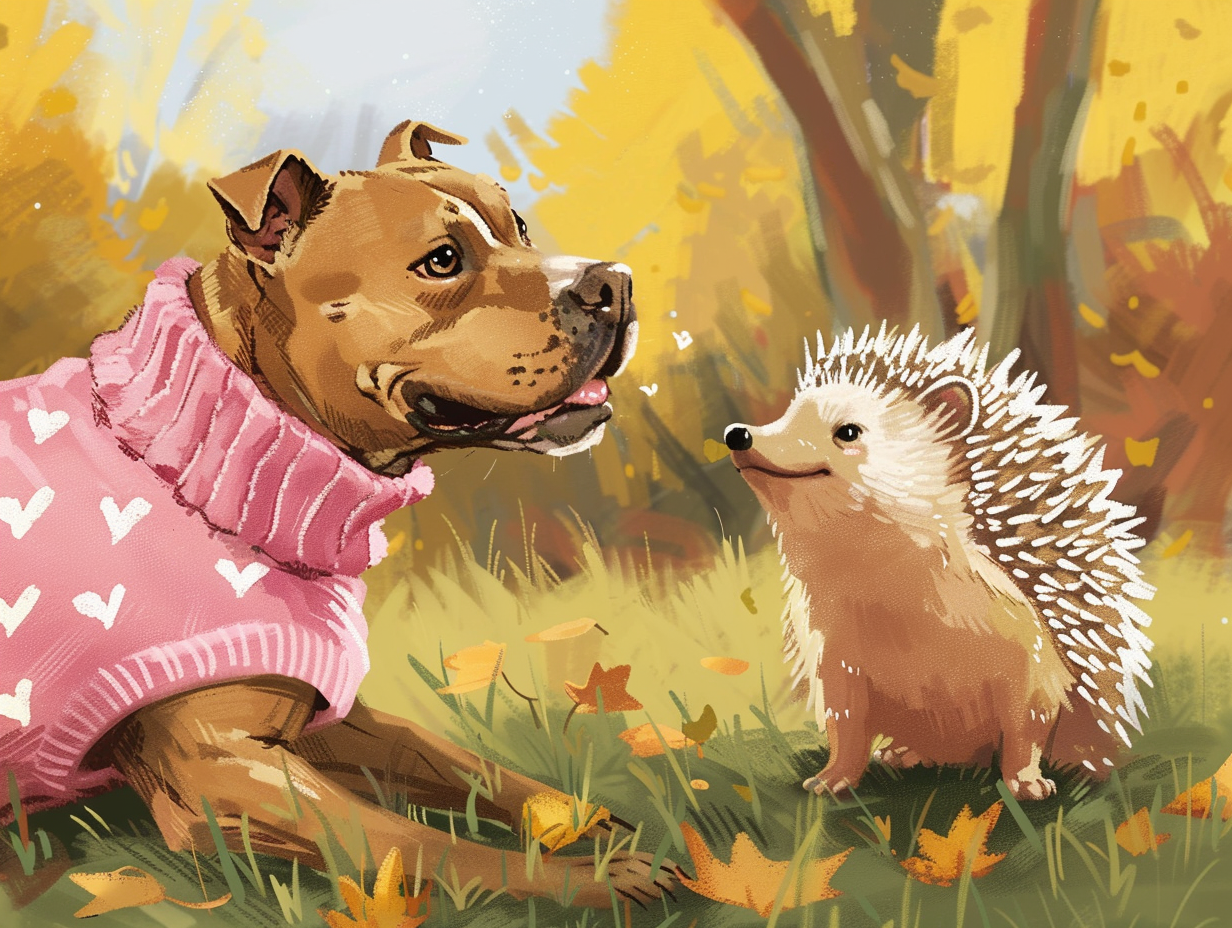 A Pitbull and a hedgehog | image created by tom.g using Midjourney AI